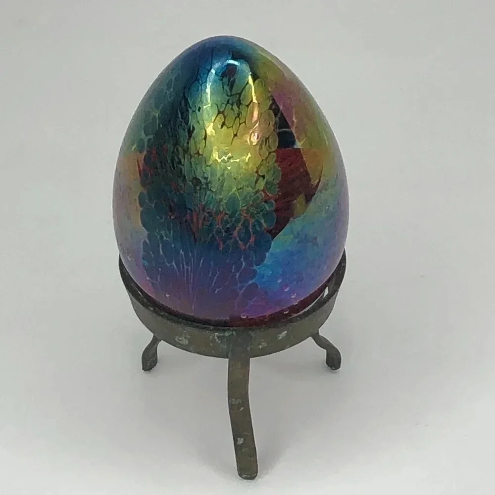 Iridescent Studio Art Glass Egg on Stand, Paperweight